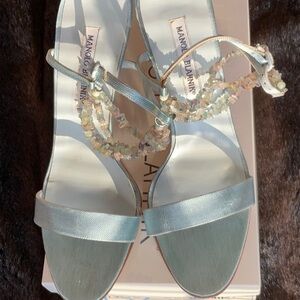 NEW MANOLO BLAHNIK 40.5 10 RARE blue fabric sandals stunning stone ankle strap